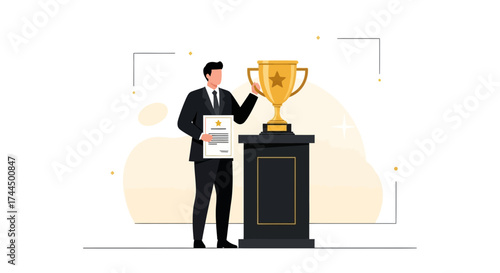 Businessman Holding Certificate Near Golden Trophy Demonstrates Success and Achievement