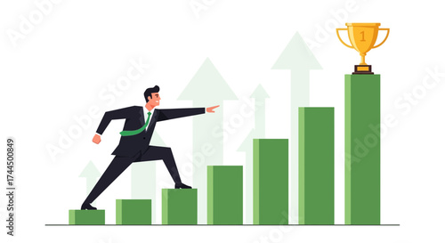 Businessman Striving For The Top With A Trophy Above The Statistical Growth Chart