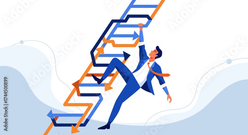 Businessman Struggling To Climb A Challenging Ladder Towards Business Goals Success Achievement