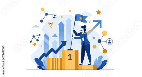 Businesswoman Achieving Success and Leadership Goals Holding Up a Flag on Podium