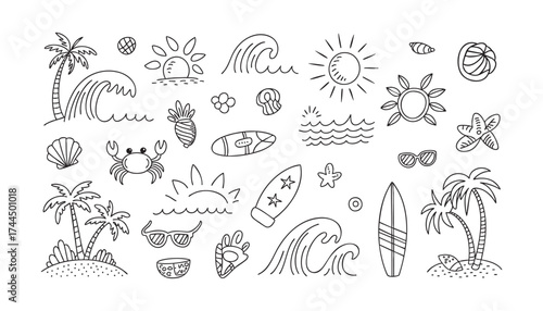 Summer Beach Vibes: Palm Trees, Waves, Surfboards, and Sun Icons Design