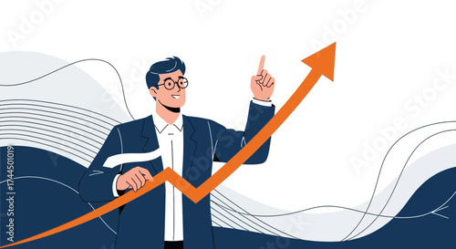 Businessman Indicates Rising Financial Growth With Upward Arrow In A Simple Illustration
