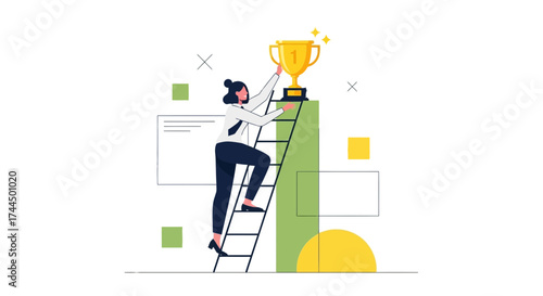 Businesswoman achieving success by climbing ladder to get the trophy vector illustration