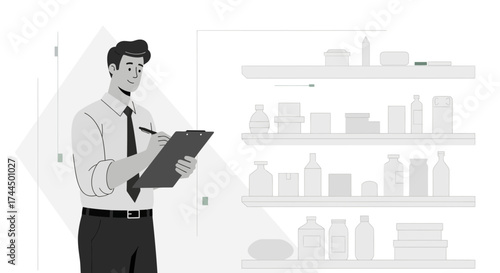 Businessman inspecting product shelves, illustration of inventory management in a store