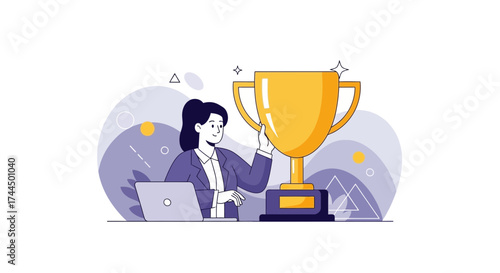 Businesswoman Achieving Success Holding Trophy With Laptop And Abstract Background Showing