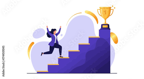 Businesswoman Achieving Success Climbing Stairs Towards A Golden Trophy Concept Illustration