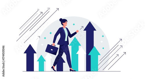 Businesswoman Achieving Success Walking Towards Rising Arrows Representing Growth And Prosperity