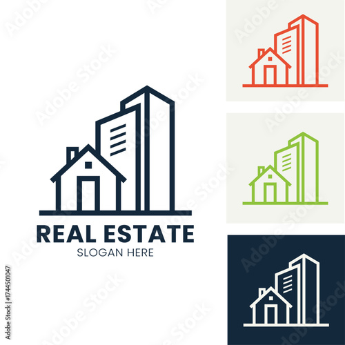Minimalist outline of abstract buildings with varying heights, representing real estate, architectural design, urban development, and property investment, suitable for modern realtors or firms.
