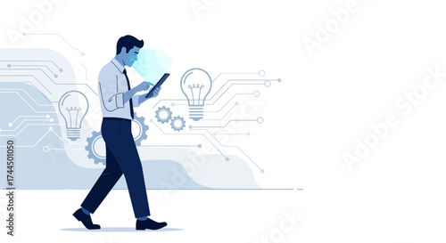 Businessman Using Tablet Illustrating Technology and Innovation With Circuitry Elements