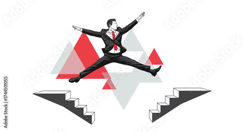 Businessman Jumping Over Gap Represents Risk, Success, Opportunity, and Triumph Concept