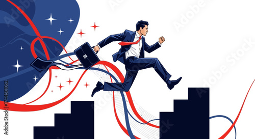 Businessman Jumping Over Stairs, Representing Business Success and Career Progression