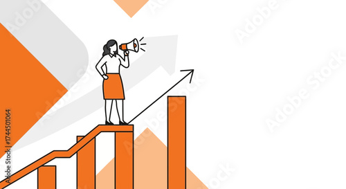 Businesswoman Addressing Expansion Plans, Standing Atop Growth Bar Chart with Megaphone