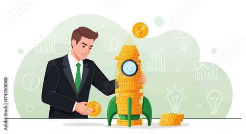 Businessman launch investment business with rocket of coins and finance concept
