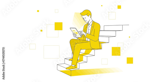 Businessman Utilizing Tablet on Stairs Illustrating Digital Technology Innovation And Growth