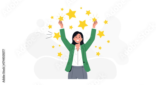 Businesswoman Admires Success With Stars, Symbolizing Achievement and Positive Outlook