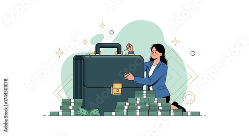 Businesswoman Admiring Wealthy Portfolio Representing Financial Success And Prosperity