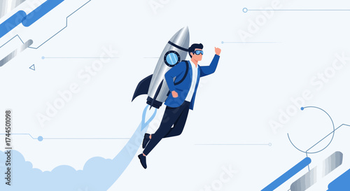 Businessman Launching Into The Future Through The Rocket Engine, Success, Growth, Start Up