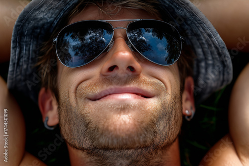 portrait of a man wearing sunglasses, and enjoys the sun