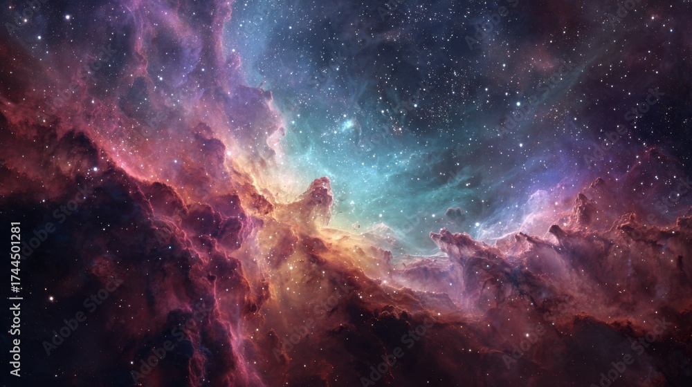 Obraz premium Bright colors and swirling clouds fill the vastness of space showcasing a mesmerizing nebula filled with countless stars and celestial details. A breathtaking cosmic scene unfolds.