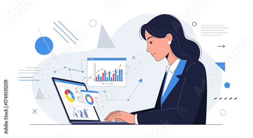 Businesswoman analyzing graphs and charts on a laptop for financial analysis illustration