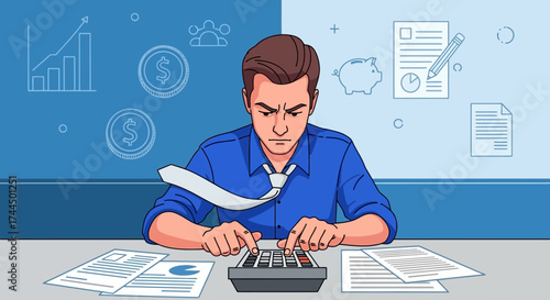 Businessman working on a calculator analyzing finance data, money and accounting, in blue tones