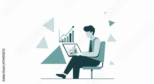 Businessman working on a laptop with a graph illustration, business and finance concept