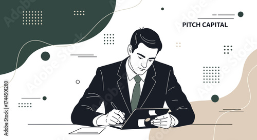 Businessman working on a tablet, pitch capital concept illustration, vector design