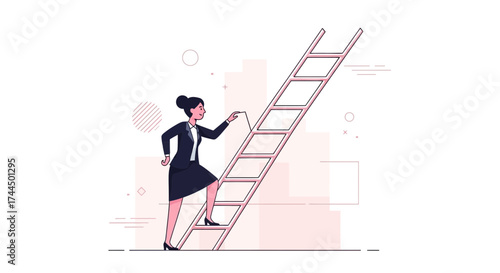 Businesswoman Ascending a Ladder Towards Career Improvement and Corporate Success, Cartoon