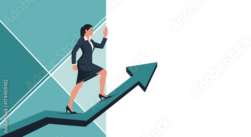 Businesswoman Ascending on an Arrow Illustrating Growth and Success in Corporate World