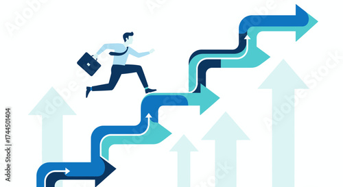 Businessperson Actively Ascending Arrow-Shaped Steps Demonstrating Success and Progress