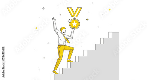 Businessperson Achieving Success After Climbing Steps to Grab a Medal of Achievement