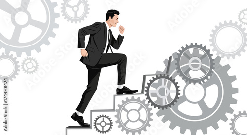 Businessperson Ascending Gear-Shaped Steps Toward Success and Advancement Symbolism