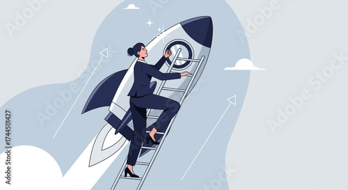 Businesswoman Ascending Rocket Ladder Represents Ambition, Achievement, and Future Endeavors