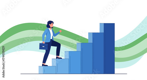 Businesswoman Ascending Staircase: A Visual Metaphor for Career Advancement and Growth