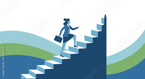 Businesswoman Ascending Staircase Demonstrating Growth, Ambition, and Professional Achievement
