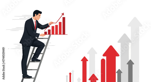 Businessperson Ascending Ladder To Illustrate Success and Achieving Financial Growth Upward
