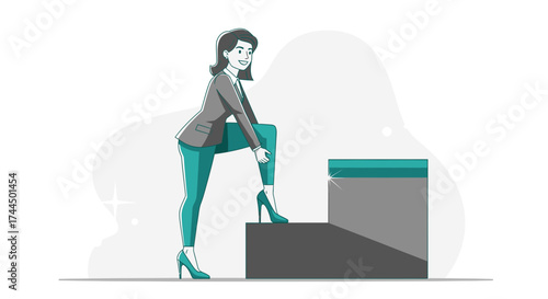 Businesswoman Ascending Staircase Illustrating Strategic Success Achieving New Heights
