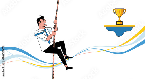 Businessperson Ascending Rope Reaching Trophy Illustrating Achievement and Success