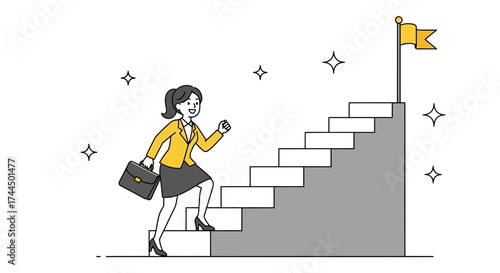 Businesswoman Ascending Staircase Toward Flag Symbolizing Success and Achievement