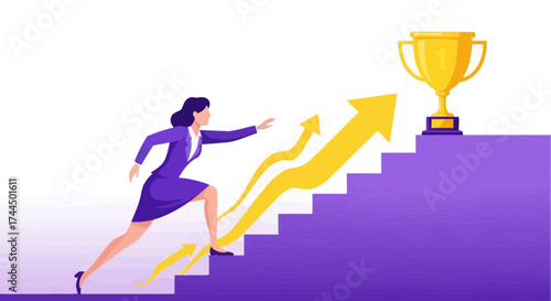 Businesswoman Ascending Success Stages, Achieving Gold Trophy, Illustrative Abstract Concept