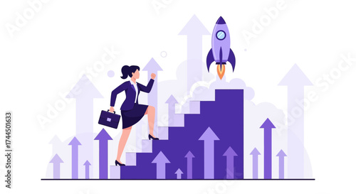 Businesswoman Ascending To Success And A Rocket Ship Takes Off For A New Goal
