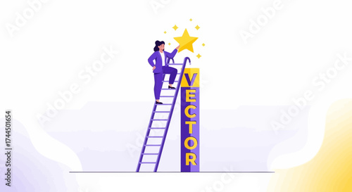 Businesswoman Ascending To Success On A Ladder Concept With Golden Star Symbol