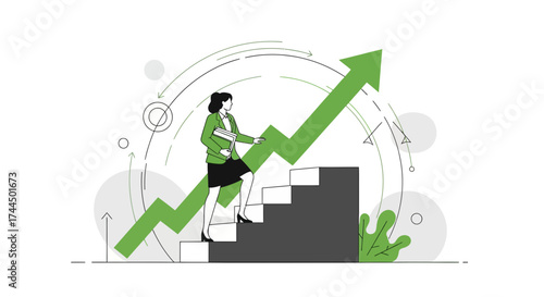 Businesswoman Ascends Staircase Symbolizing Achievement And Success With Upward Arrow