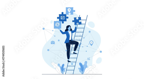 Businesswoman Assembling Puzzle On Ladder Represents Career Progression and Achieving Goals