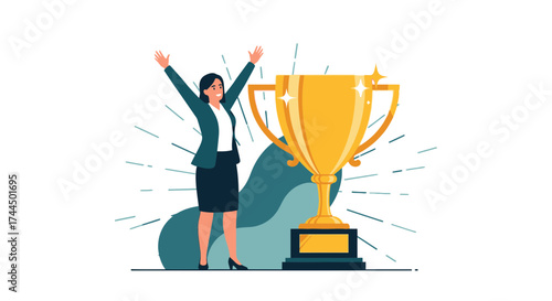 Businesswoman Celebrates Achievement And Success With Trophy Isolated On White Background