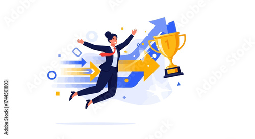 Businesswoman Celebrates Triumph With Trophy, Success, And Growth On White Background