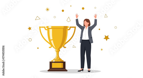 Businesswoman Celebrates Win Near Trophy Depicting Success, Triumph, And Achievement