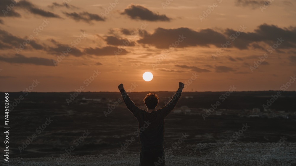 Fototapeta premium Person with arms raised towards the sunset, achieving a goal, sky view