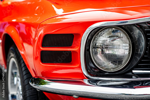 Closeup of restored vintage car.
