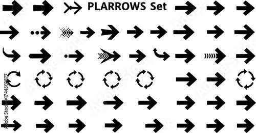 PLARROWS Set: Collection of Black Arrow Icons in Various Styles, Directions, and Shapes on White Background for Web Design